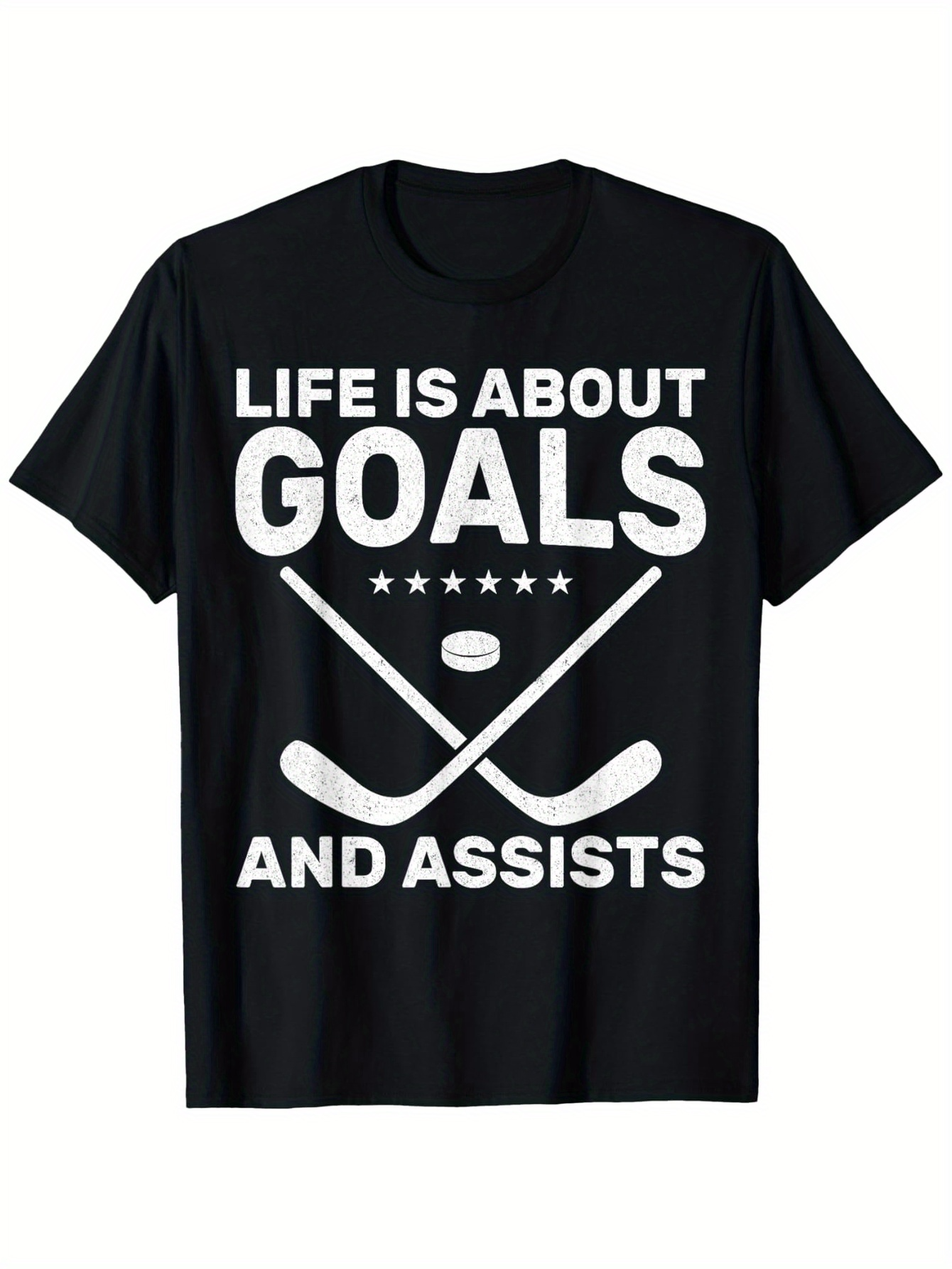 Men's Graphic T-Shirt Life Is About Goals And Assists Hockey Sticks Stars And Puck Design