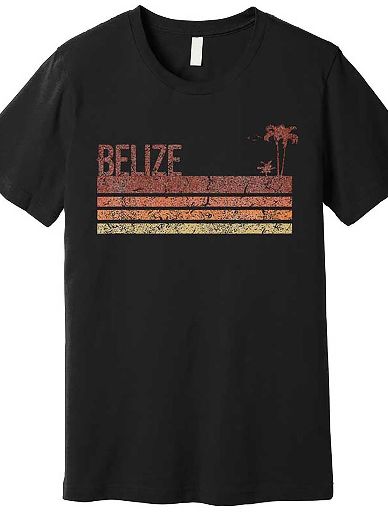 Men's Graphic T-Shirt Belize Sunset Stripes With Faded Vintage Effect And Palm Trees Silhouette