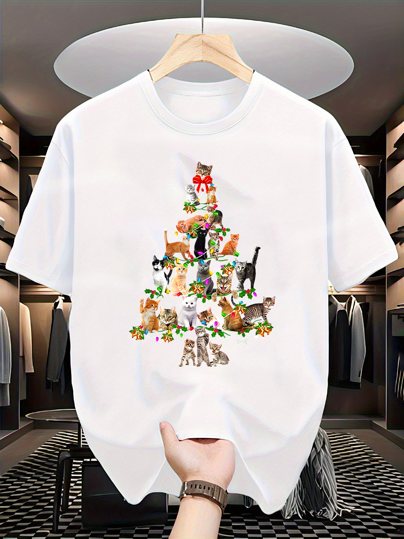 Men's Graphic T-Shirt Cute Playful Kittens Stacked Like A Festive Holiday Tree