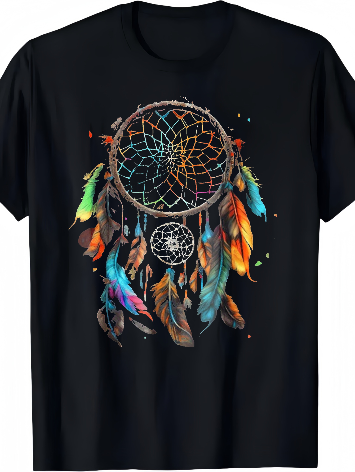 Men's Graphic T-Shirt Colorful Feathers Hanging Under Intricate Handcrafted Dream Catcher