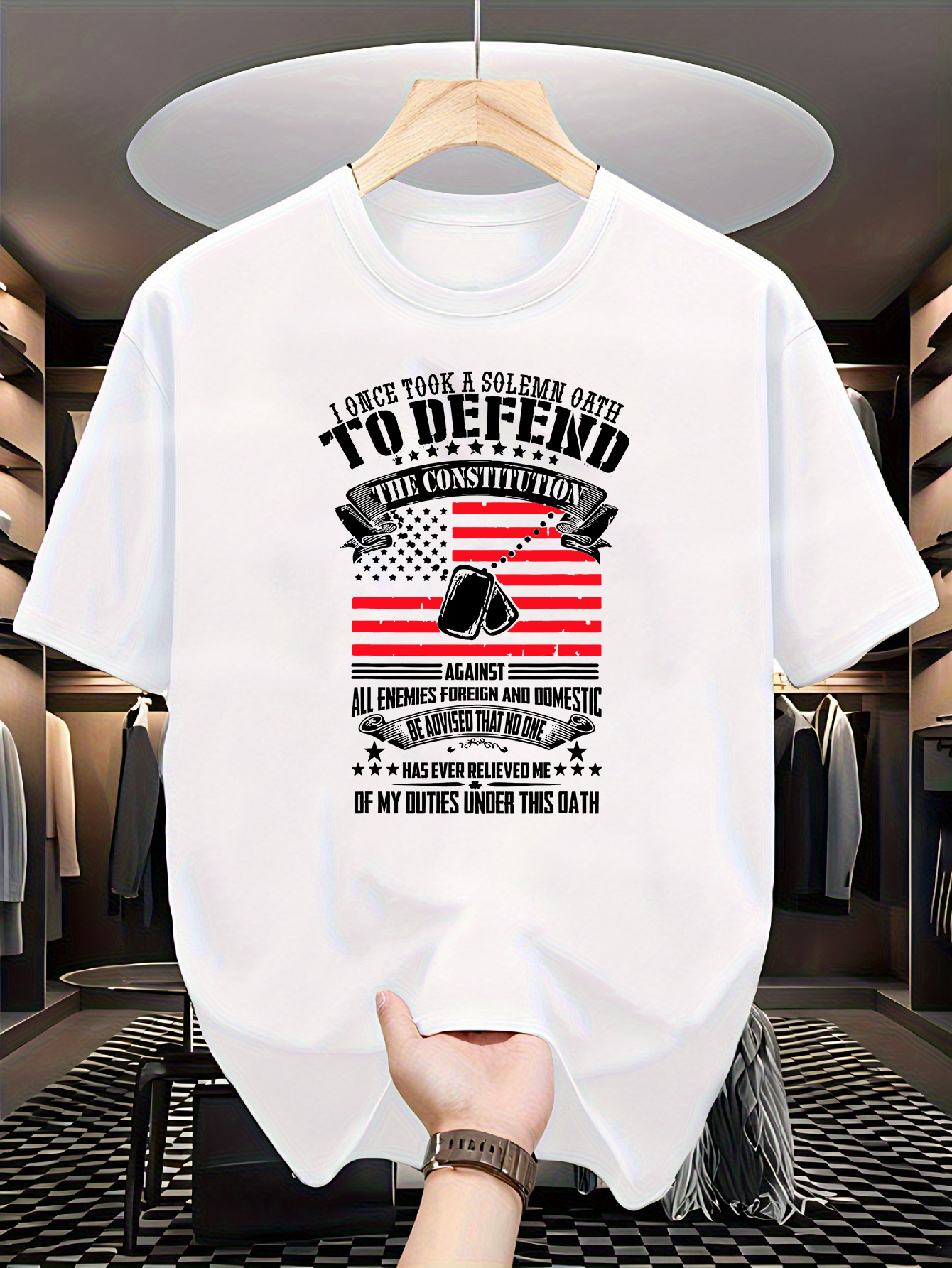Men's Graphic T-Shirt American Pride Red Striped Banner With Text And Soldier Helmet