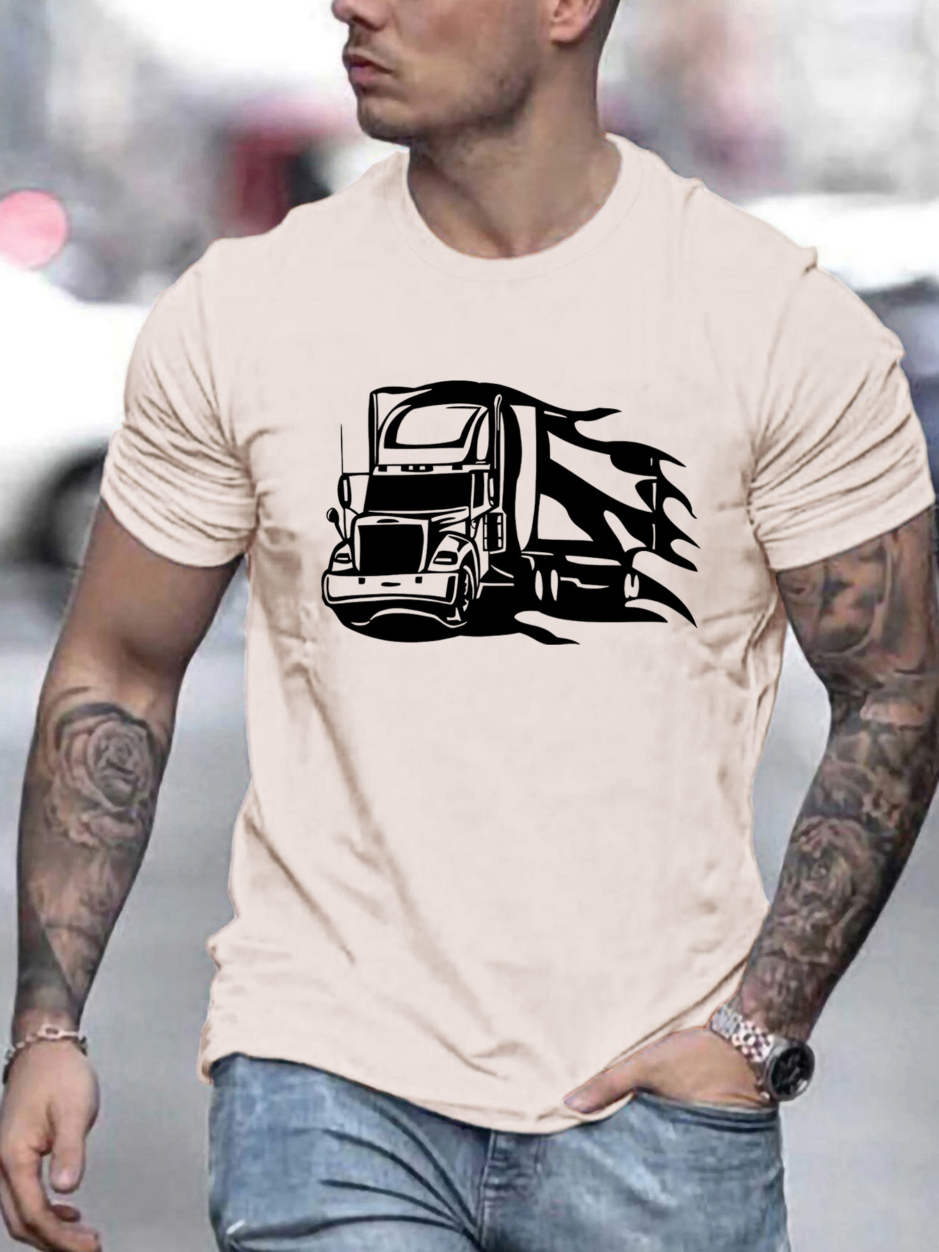 Men's Graphic T-Shirt Powerful Motion Lines Surrounding A Speeding Semi Truck