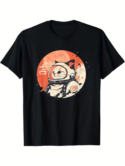 Men's Graphic T-Shirt Orange Moonlight With Space Helmet Clad Cat Astronaut
