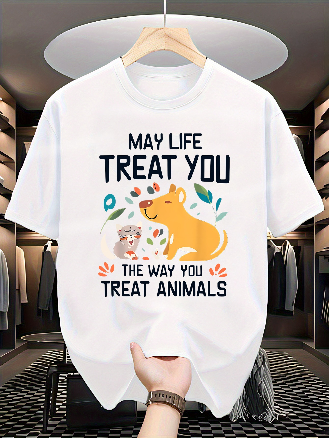 Men's Graphic T-Shirt May Life Treat You With Playful Kittens And Cheerful Smiling Dog