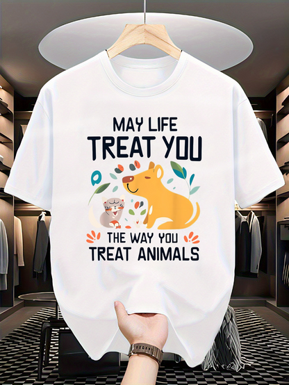 Men's Graphic T-Shirt May Life Treat You With Playful Kittens And Cheerful Smiling Dog