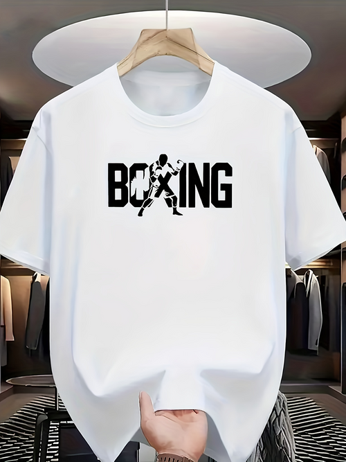 Men's Graphic T-Shirt Bold Black Lettering With Athlete Silhouette Inside Boxing Logo