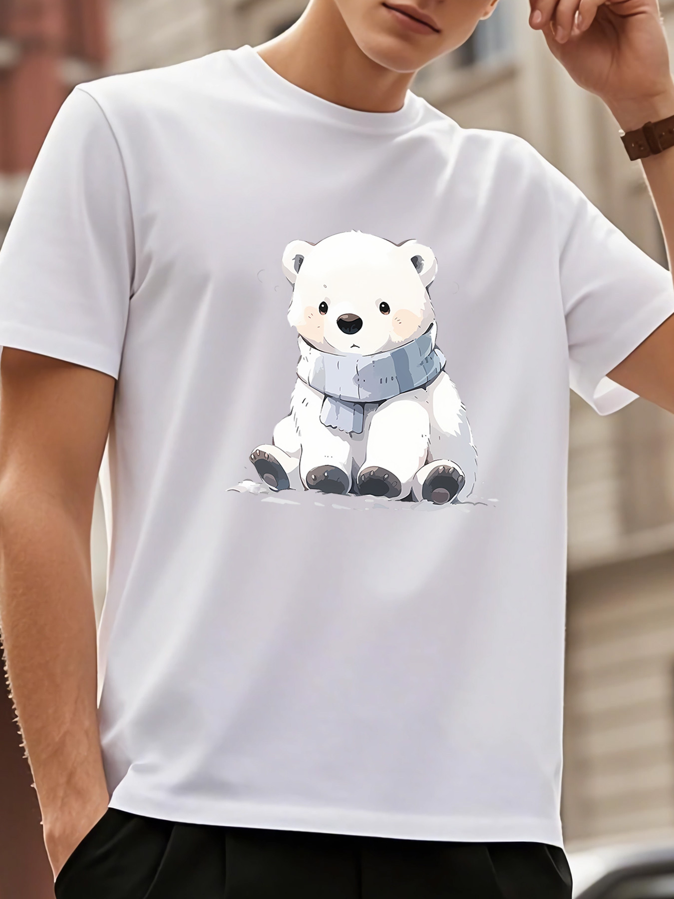Men's Graphic T-Shirt Adorable Fluffy Polar Bear Wearing Blue Knitted Scarf In Winter Snow