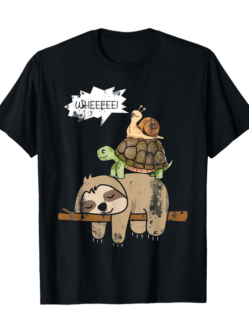 Men's Graphic T-Shirt Wheeeee Playful Snail Turtle And Sloth Relaxing On Branch