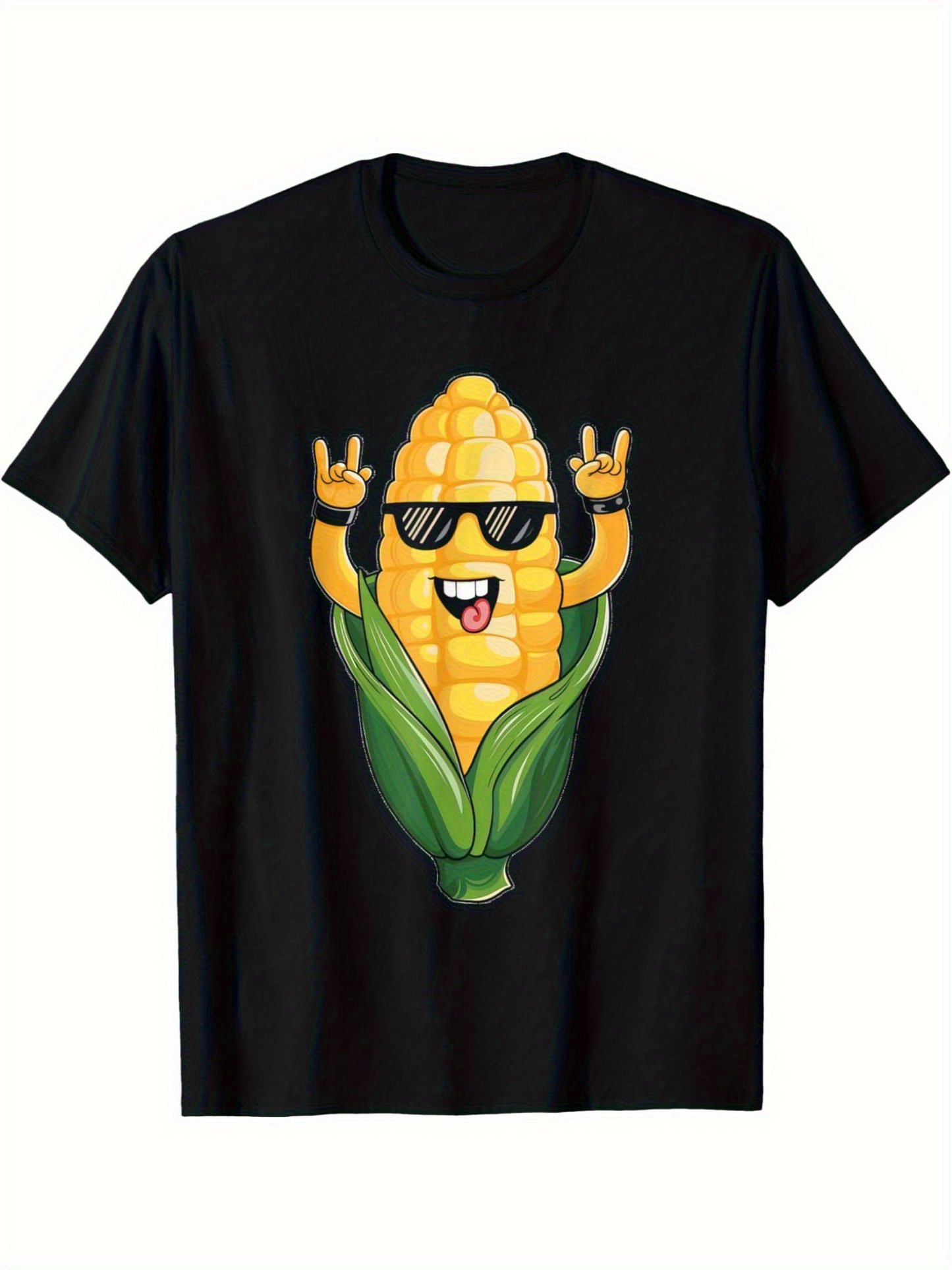 Men's Graphic T-Shirt Cartoon Happy Corn With Sunglasses Smiling Among Leafy Green Wrapping Corn