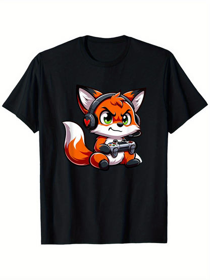 Men's Graphic T-Shirt Playful Fox With Headphones And Video Game Controller Under Bright Light Fox