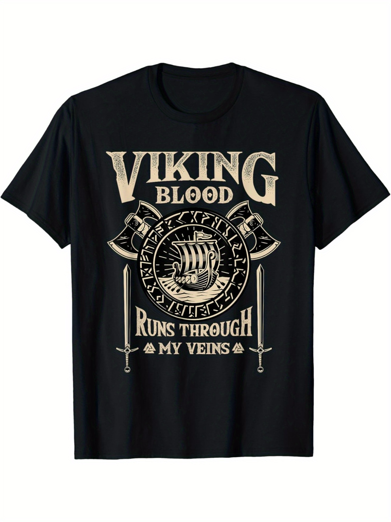 Men's Graphic T-Shirt Viking Blood Ancient Battle Ship With Axes And Swords