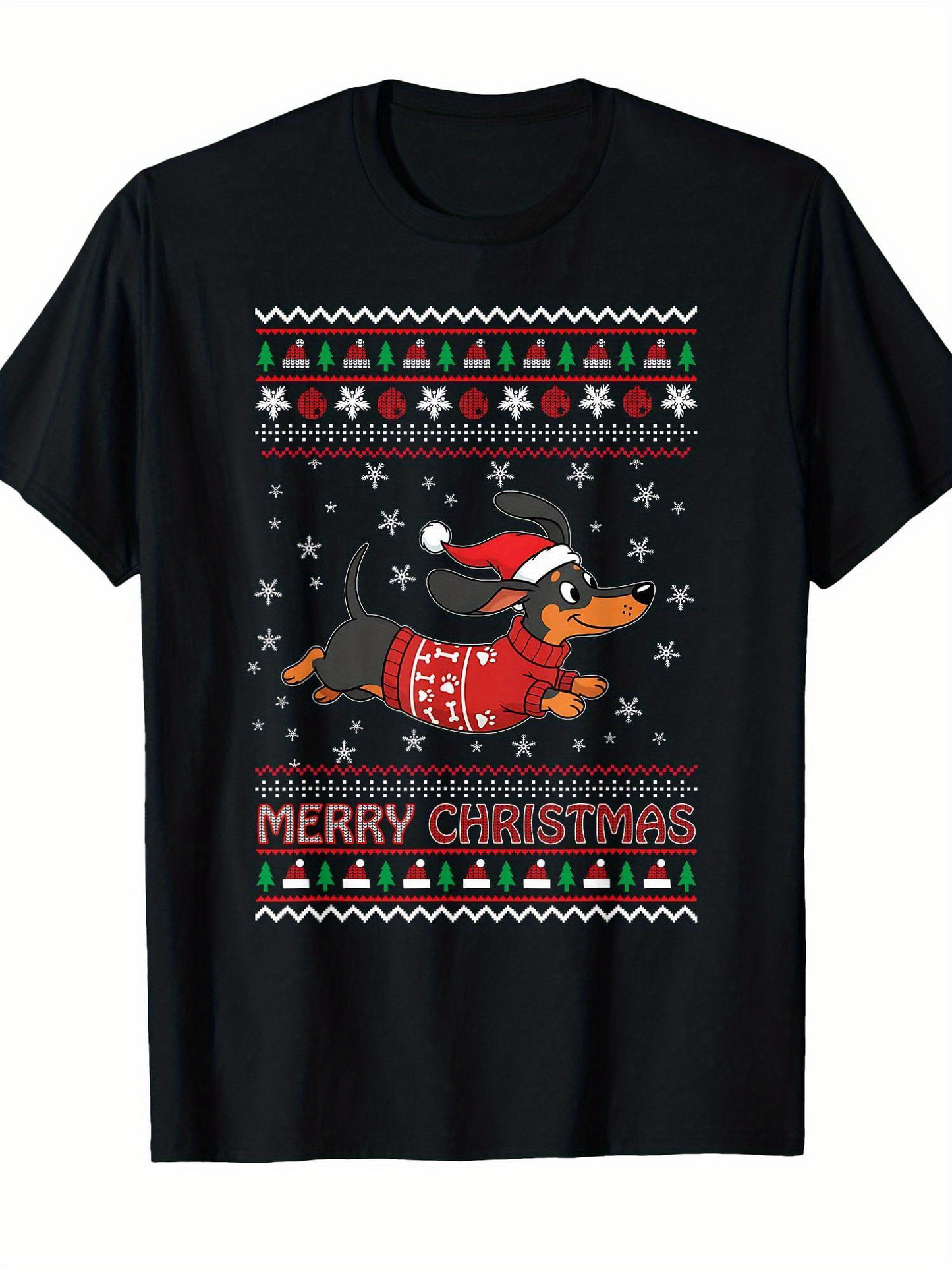 Men's Graphic T-Shirt Merry Christmas Running Dachshund Wearing Festive Red Sweater And Santa Hat Surrounded By Snowflakes