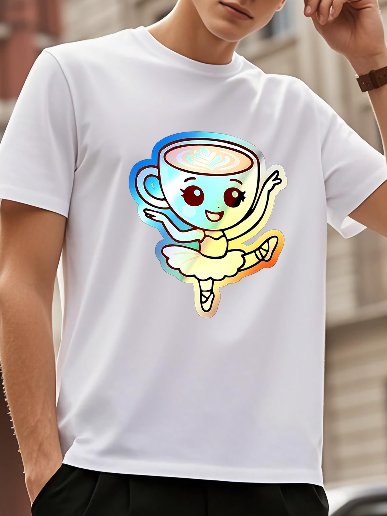 Men's Graphic T-Shirt Graceful Ballet Dancer Cup With Colorful Rainbow Glow Skirt