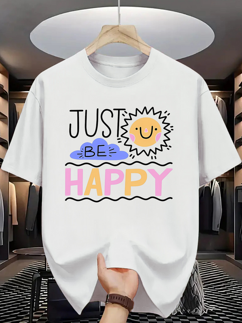 Men's Graphic T-Shirt Just Be Happy With Hand Drawn Cute Sun Clouds Lettering