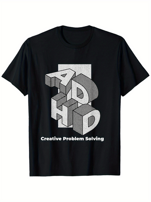 Men's Graphic T-Shirt Creative Problem Solving With 3D Block Letters Among Black Minimalist T Shirt