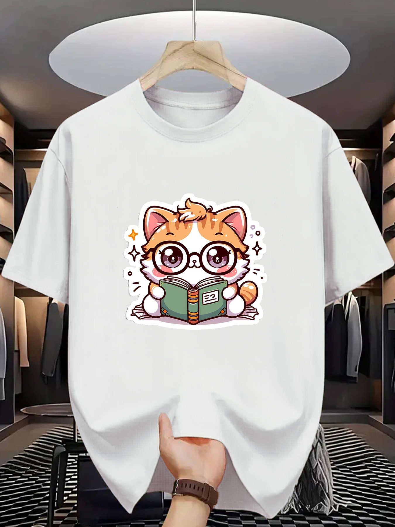 Men's Graphic T-Shirt Cute Cartoon Cat With Glasses Studying Books Surrounded By Sparkling Stars Cat