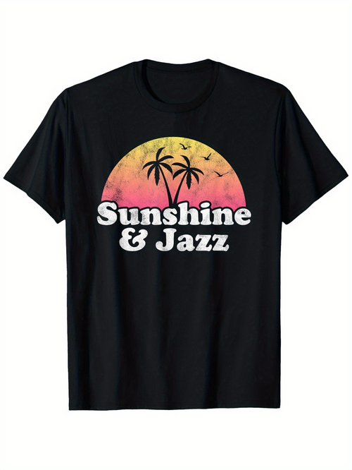 Men's Graphic T-Shirt Sunshine And Jazz Palm Trees Silhouetted Against Vibrant Sunset With Flying Birds