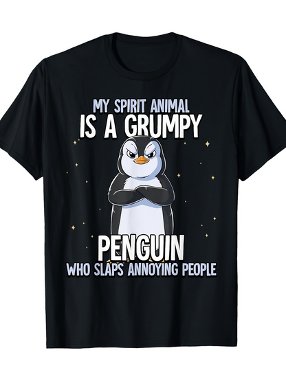 Men's Graphic T-Shirt My Spirit Animal Is A Grumpy Penguin Surrounded By Stars With Cartoon Animal