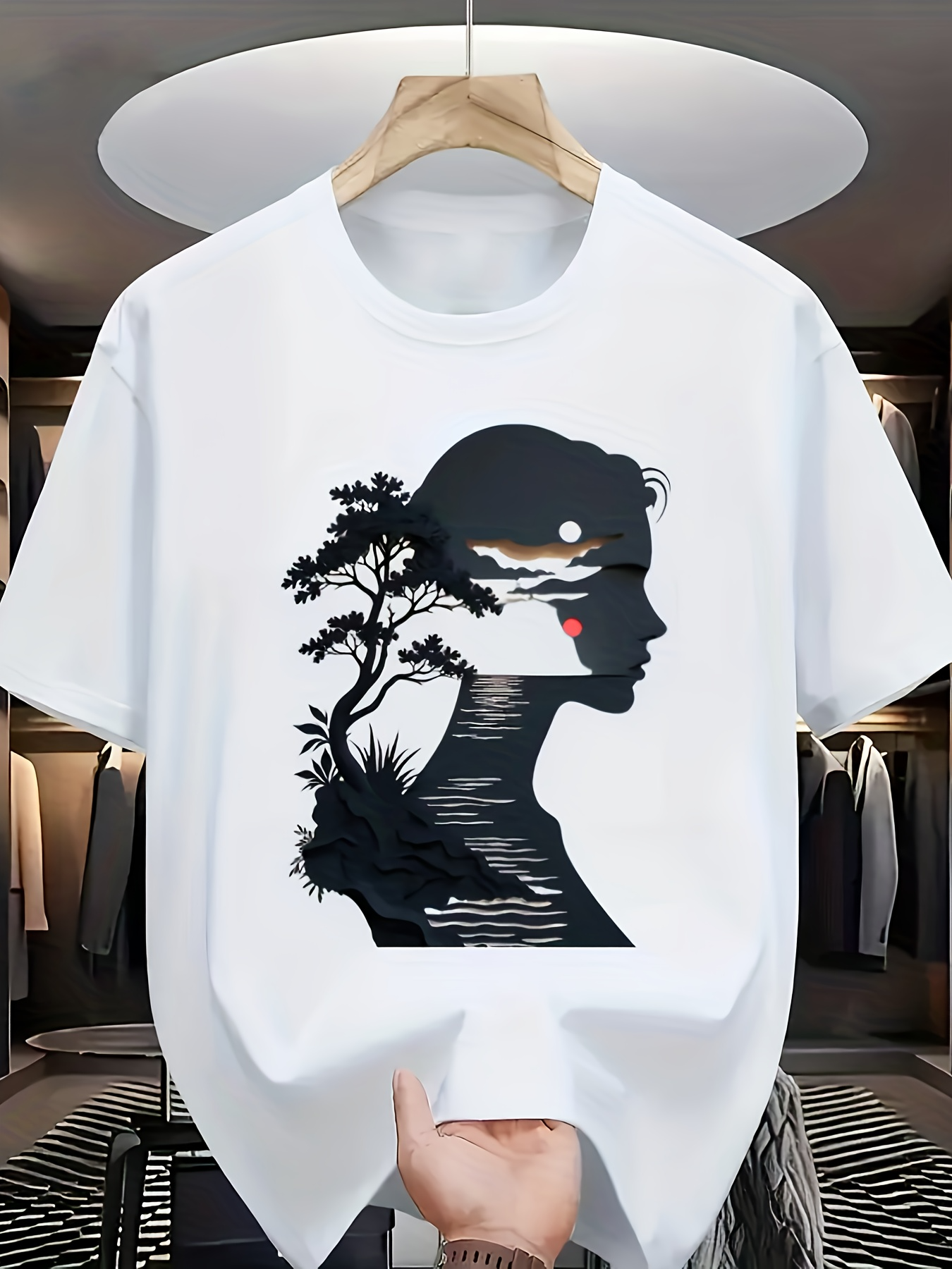 Men's Graphic T-Shirt Calm River Reflections With Sunset And Silhouette Of Woman