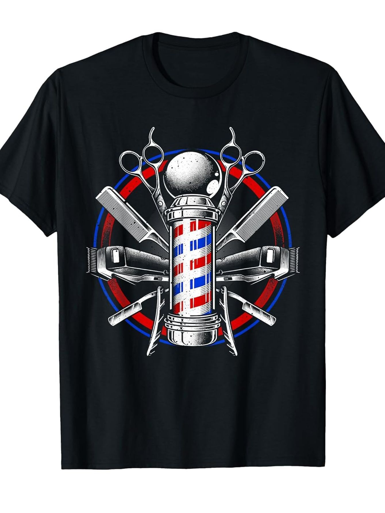 Men's Graphic T-Shirt Retro Red Blue Barber Pole Among Classic Tools And Scissors