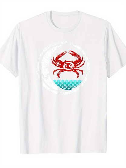 Men's Graphic T-Shirt Bright Waves With A Red Crab Standing Over Blue Water Crab