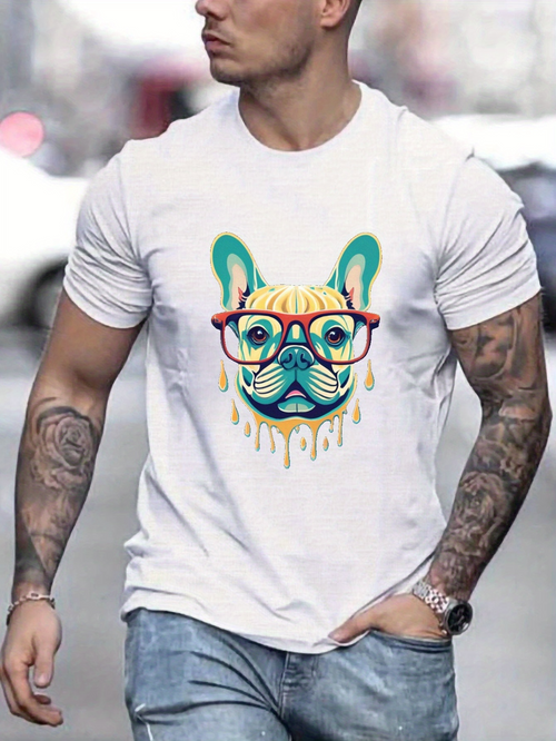 Men's Graphic T-Shirt Colorful Glasses With Vibrant Paint Drops Bulldog Face