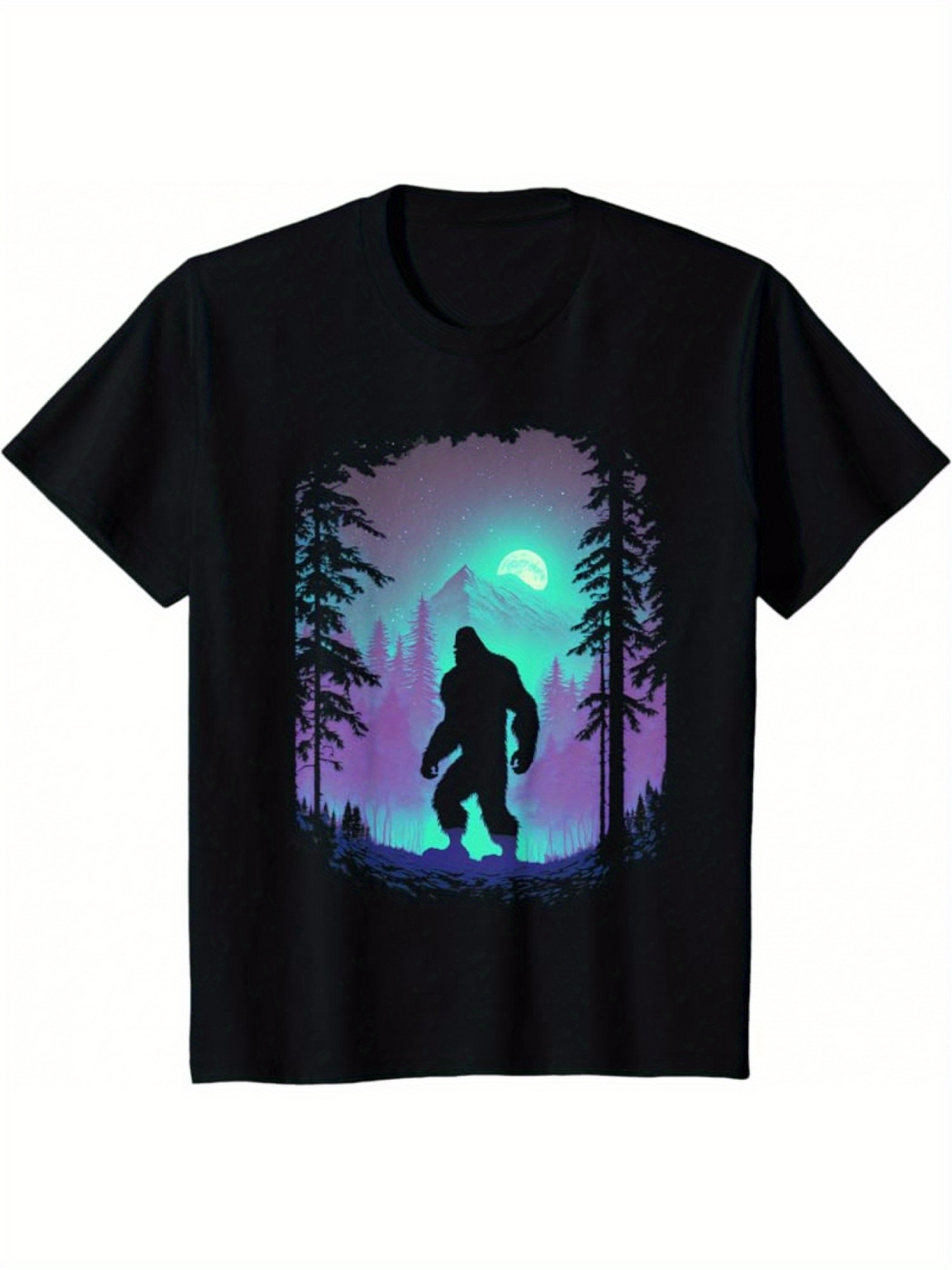 Men's Graphic T-Shirt Colorful Forest Silhouette With Moonlight Behind Standing Bigfoot Creature
