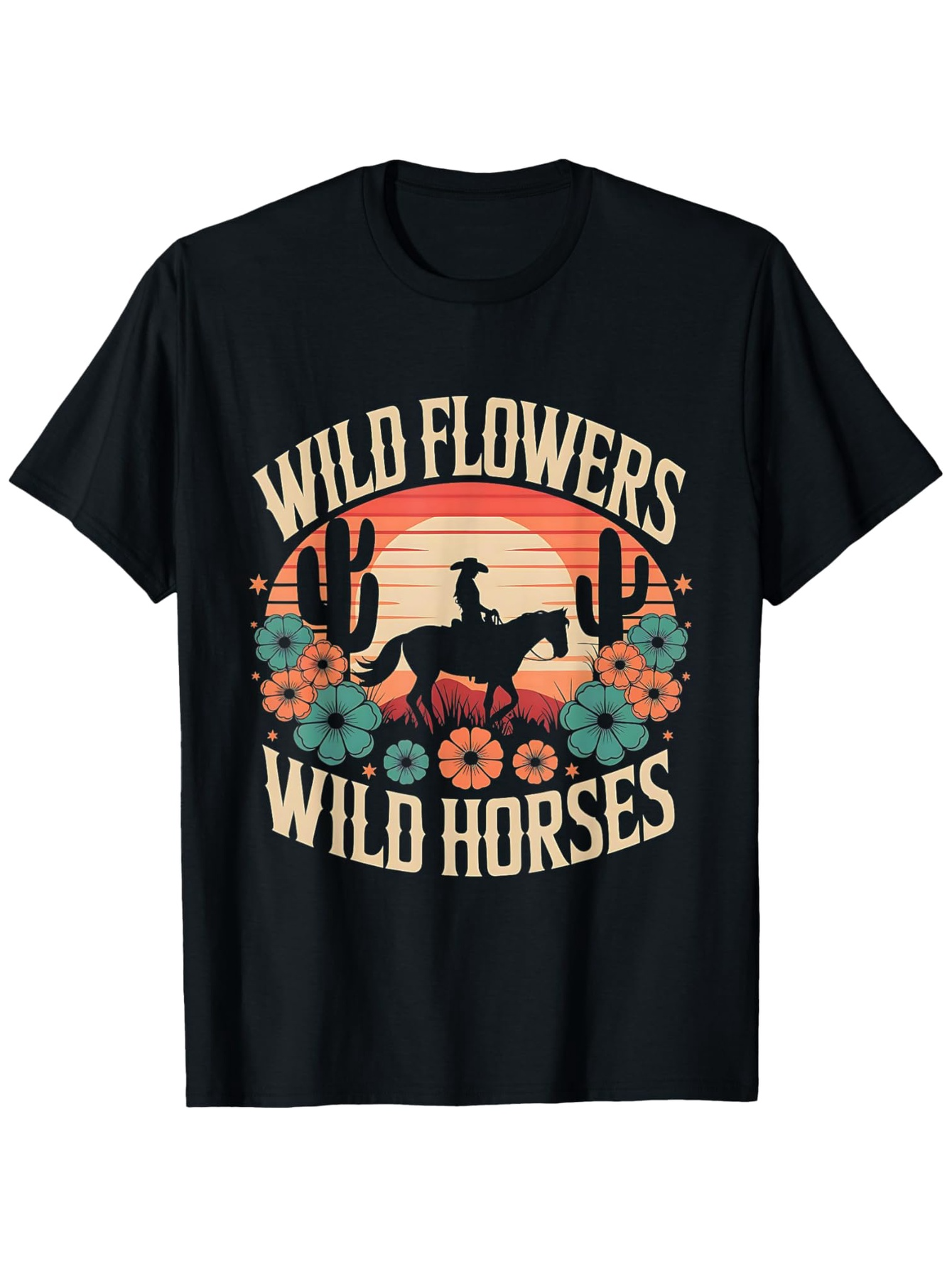 Men's Graphic T-Shirt Wild Flowers At Sunset With Cacti Blooming Around Majestic Horse Rider