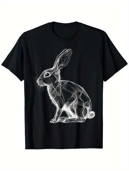 Men's Graphic T-Shirt Geometric Line Art With Glowing Silhouette Of Sitting Rabbit