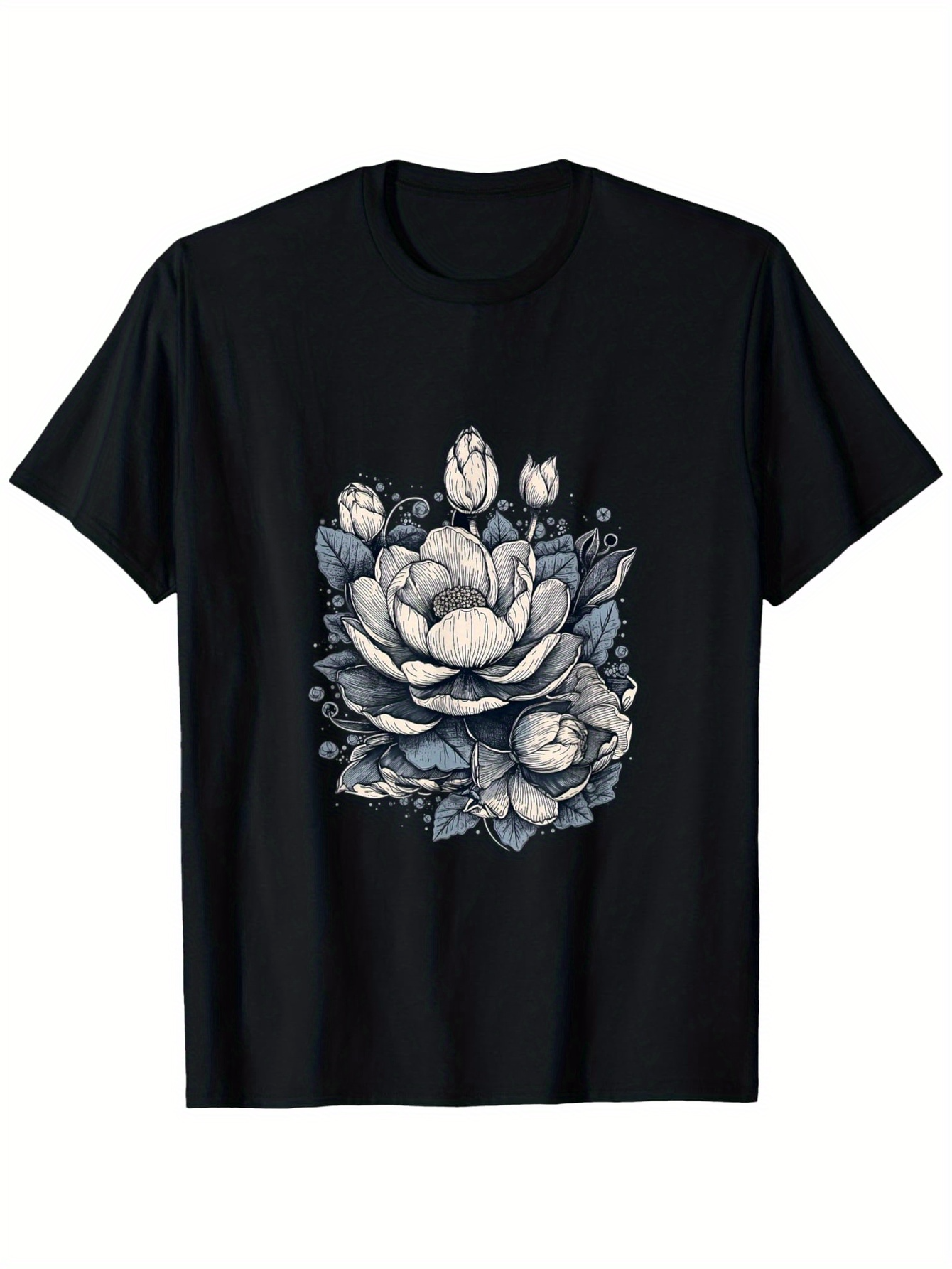 Men's Graphic T-Shirt Delicate Petals With Shaded Leaves And Fully Bloomed Elegant Flower