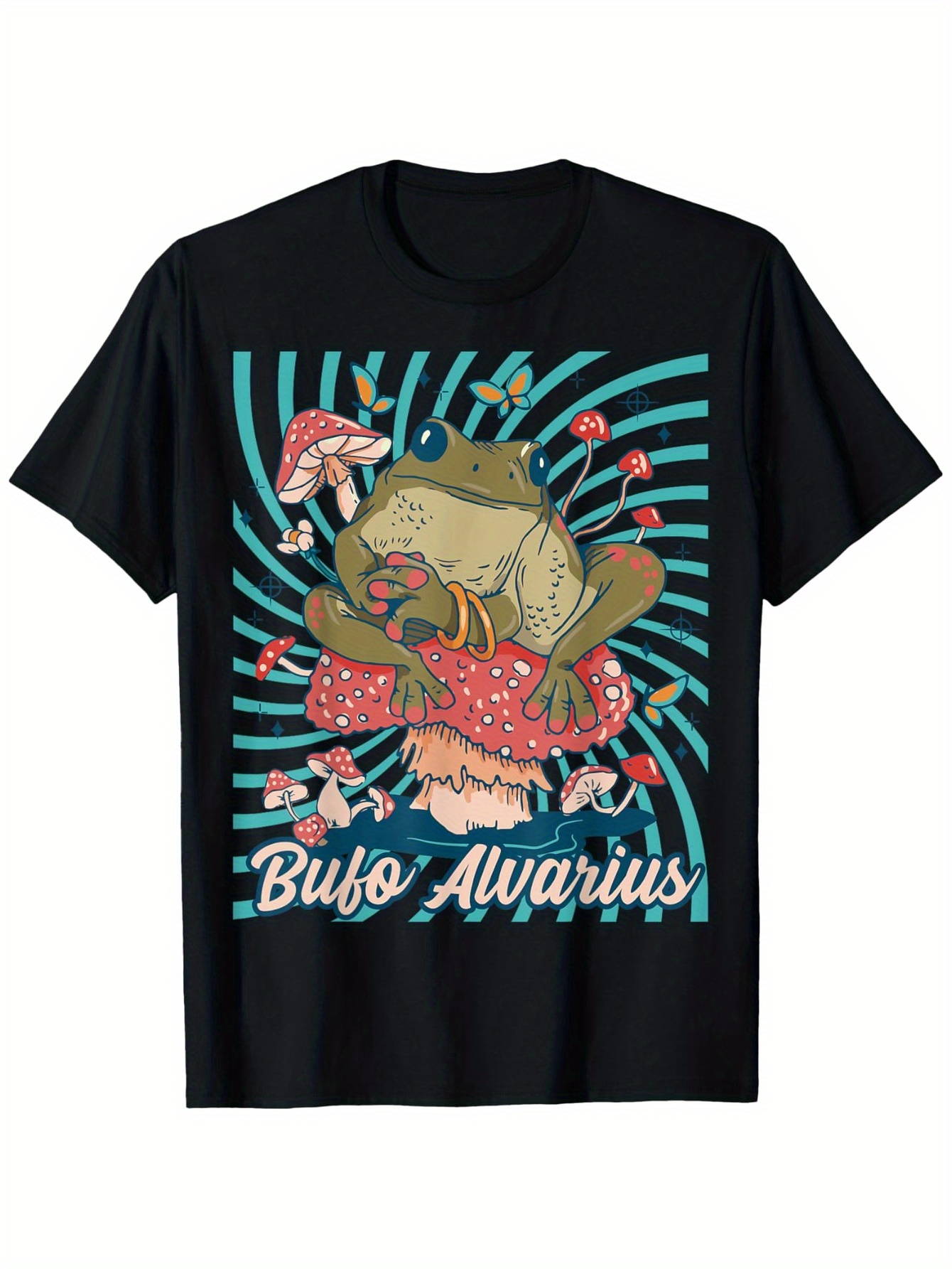 Men's Graphic T-Shirt Bufo Alvarius Surrounded By Psychedelic Red Mushrooms Under Green Radiant Lines Toad
