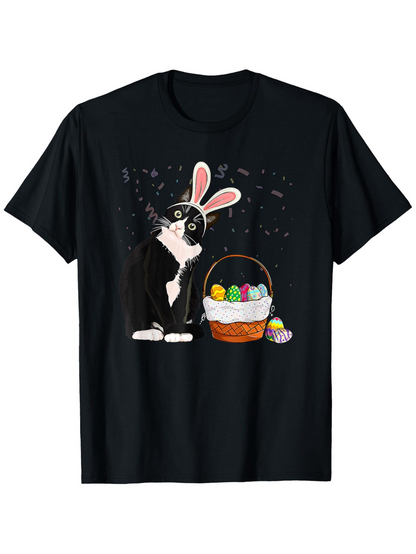 Men's Graphic T-Shirt Festive Night With Colored Easter Eggs Beside Playful Bunny Cat