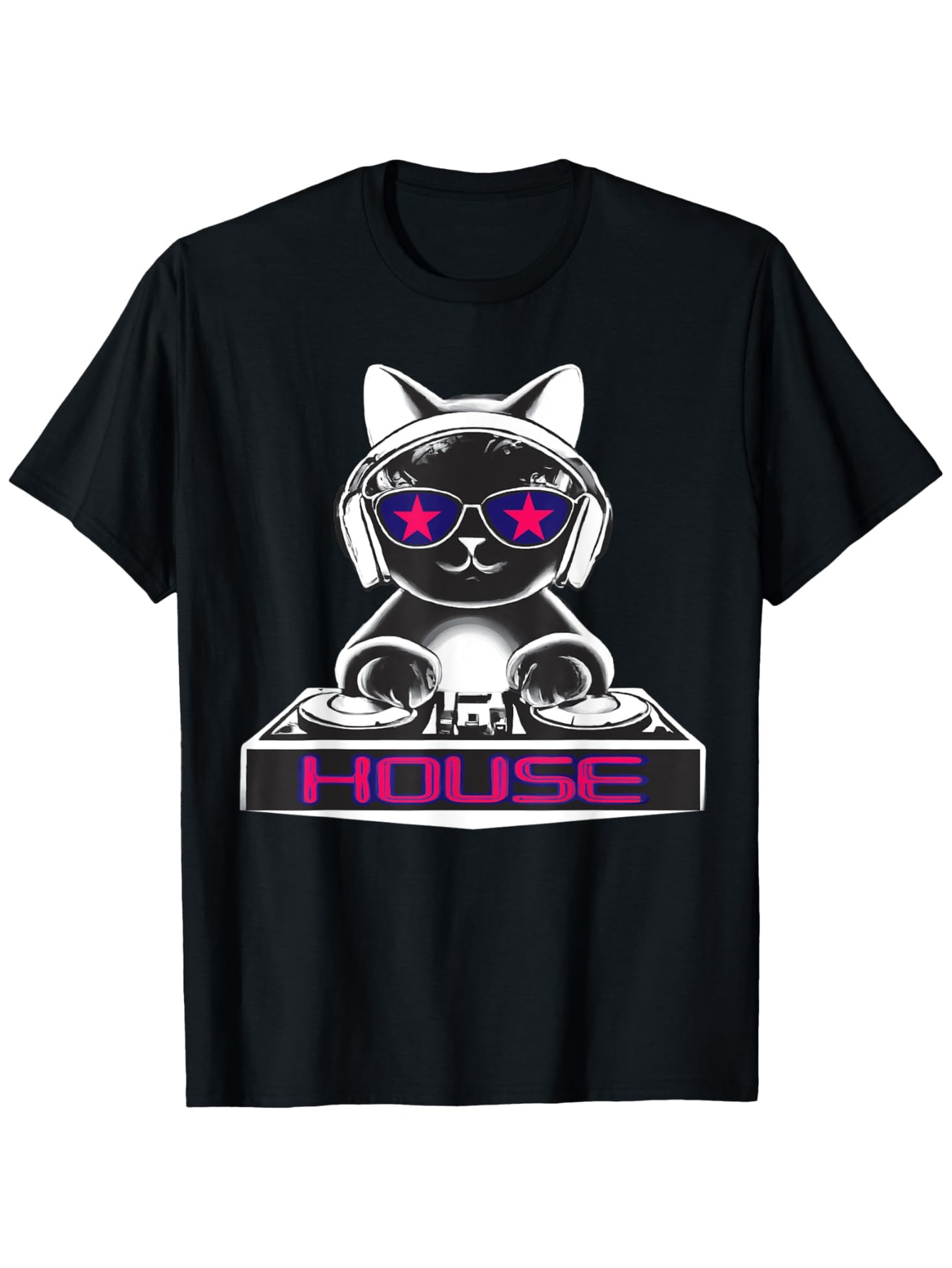 Men's Graphic T-Shirt Futuristic Neon DJ Booth With Cat Wearing Headphones House