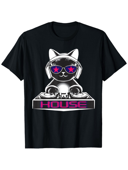 Men's Graphic T-Shirt Futuristic Neon DJ Booth With Cat Wearing Headphones House