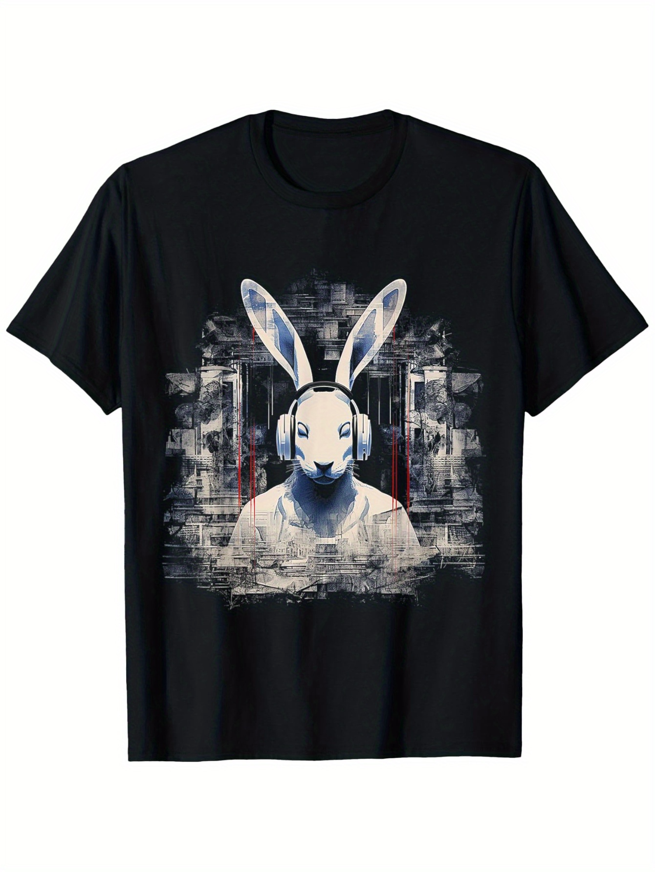 Men's Graphic T-Shirt Surreal Cityscape With Headphones Wearing Rabbit In A Painted Abstract Urban Setting Rabbit