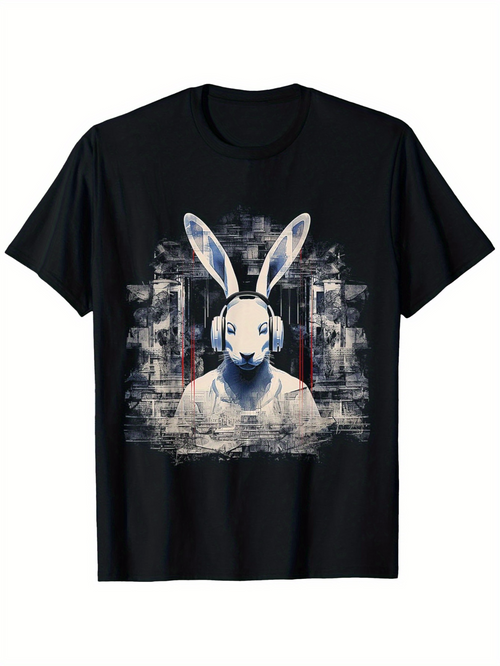 Men's Graphic T-Shirt Surreal Cityscape With Headphones Wearing Rabbit In A Painted Abstract Urban Setting Rabbit