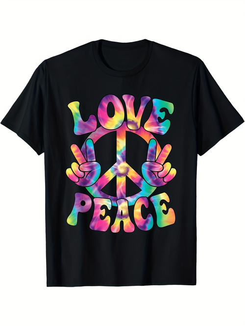 Men's Graphic T-Shirt Love Peace With Colorful Tie Dye Text And Peace Sign