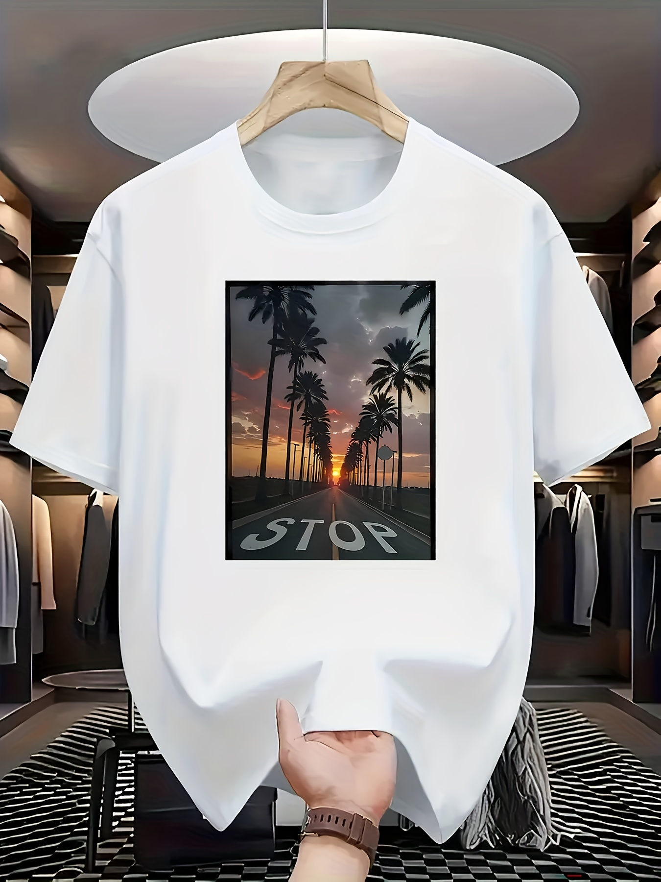 Men's Graphic T-Shirt Sunset Road Lined With Towering Palms Leading To The Horizon
