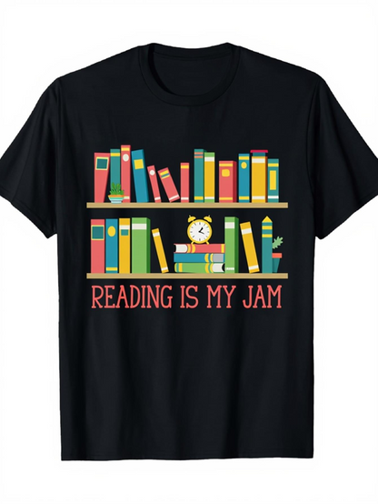 Men's Graphic T-Shirt Reading Is My Jam Colorful Bookshelf With Stacked Volumes And Alarm Clock Books