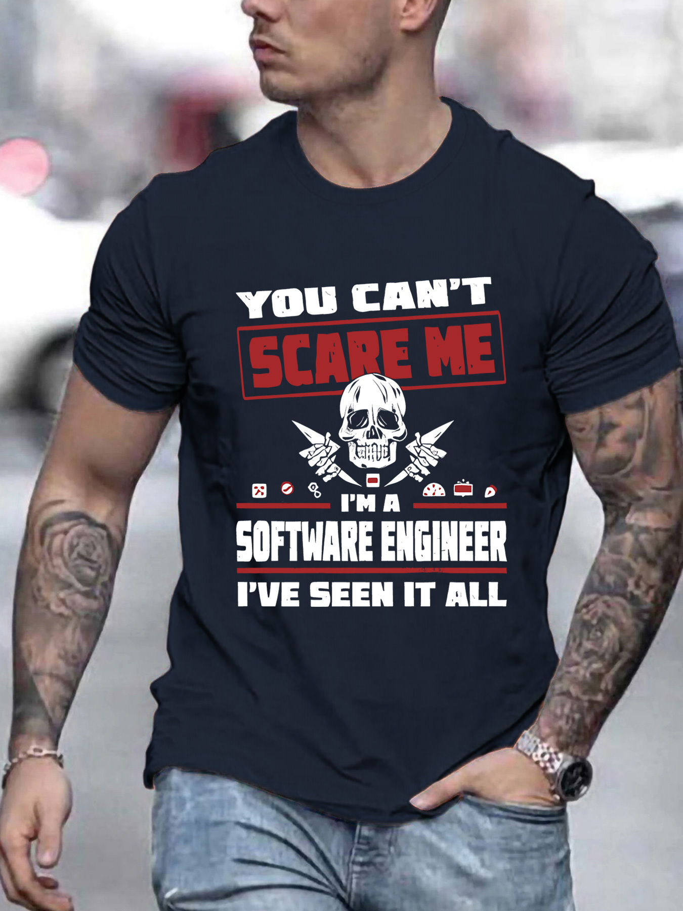 Men's Graphic T-Shirt You Cant Scare Me Bold Lettering Skull With Abstract Engineer Symbols