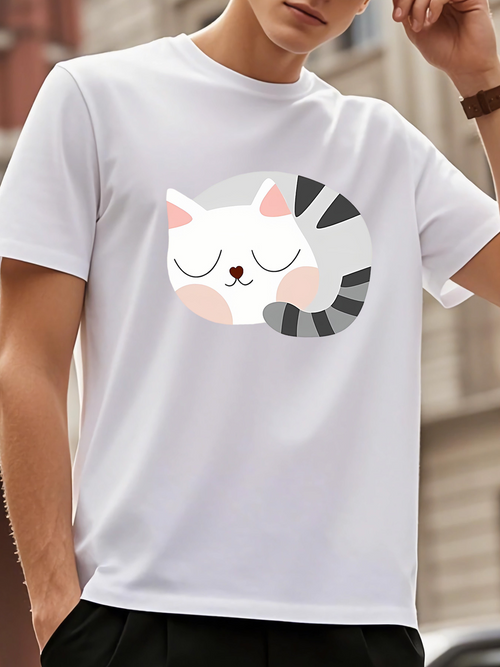 Men's Graphic T-Shirt Cute Striped Cat Sleeping Peacefully In Cozy White Circle Cat
