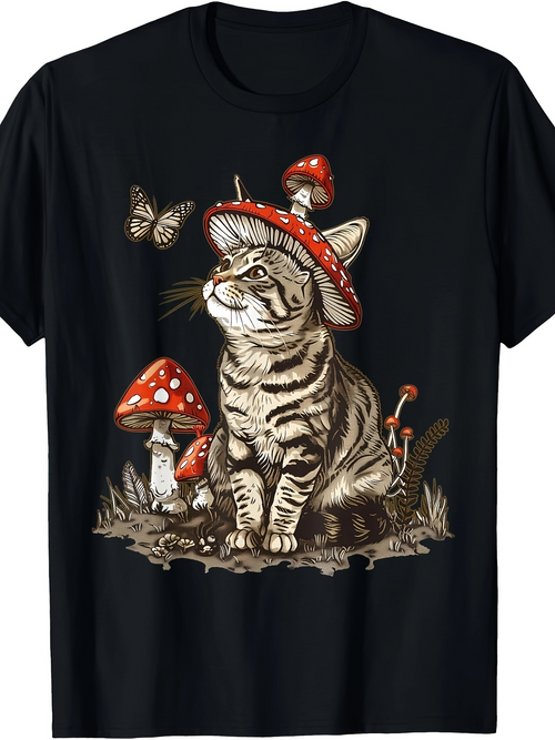 Men's Graphic T-Shirt Striped Cat Sitting Among Mushrooms With Butterfly On Hat