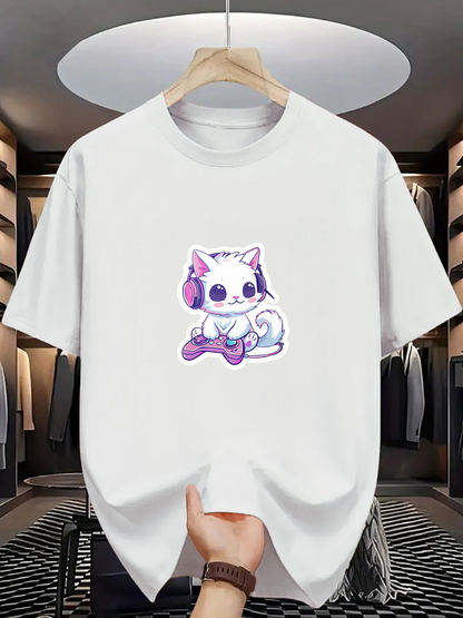 Men's Graphic T-Shirt Adorable White Cat Wearing Headphones Playing With Game Controller