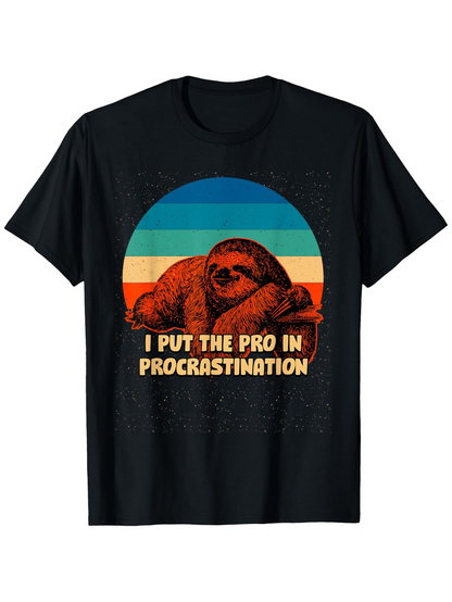 Men's Graphic T-Shirt I Put The Pro In Procrastination Vintage Sunset With Relaxed Sloth Resting On Ground