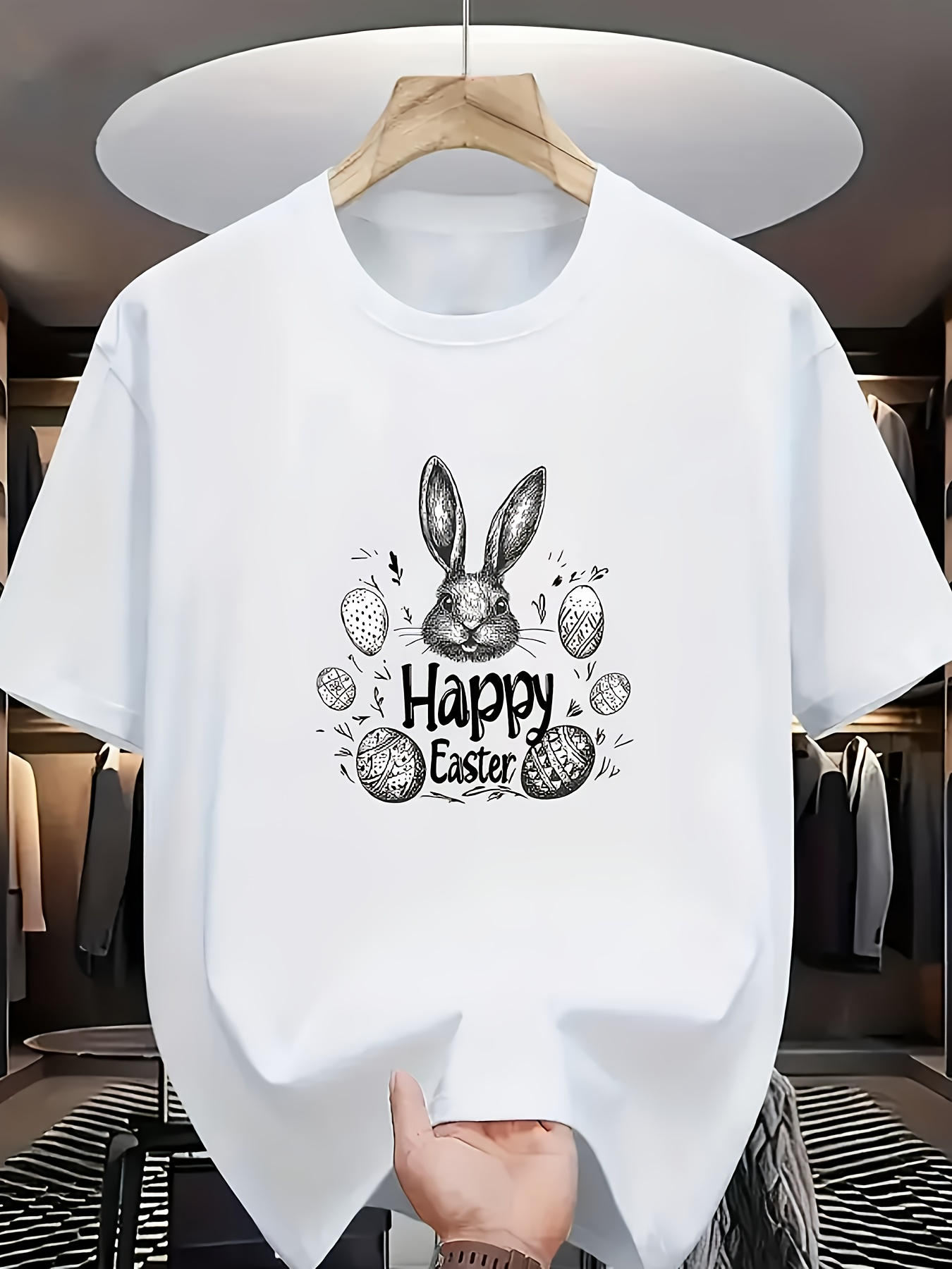 Men's Graphic T-Shirt Happy Easter With Doodle Eggs And Rabbit Surrounded By Floral Patterns Bunny