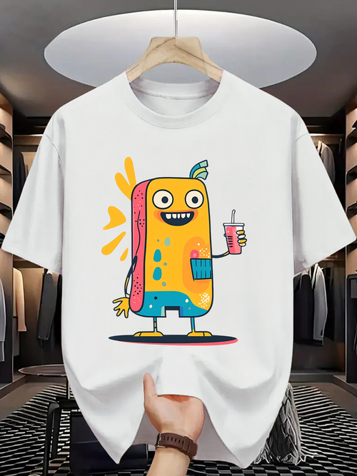 Men's Graphic T-Shirt Colorful Cartoon Snack Character With Playful Smile Holding A Drink