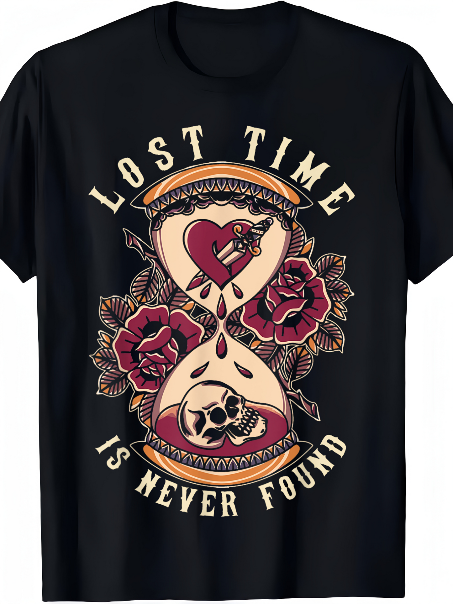 Men's Graphic T-Shirt Lost Time Is Never Found Hourglass With Roses Skulls And Bleeding Heart Motif