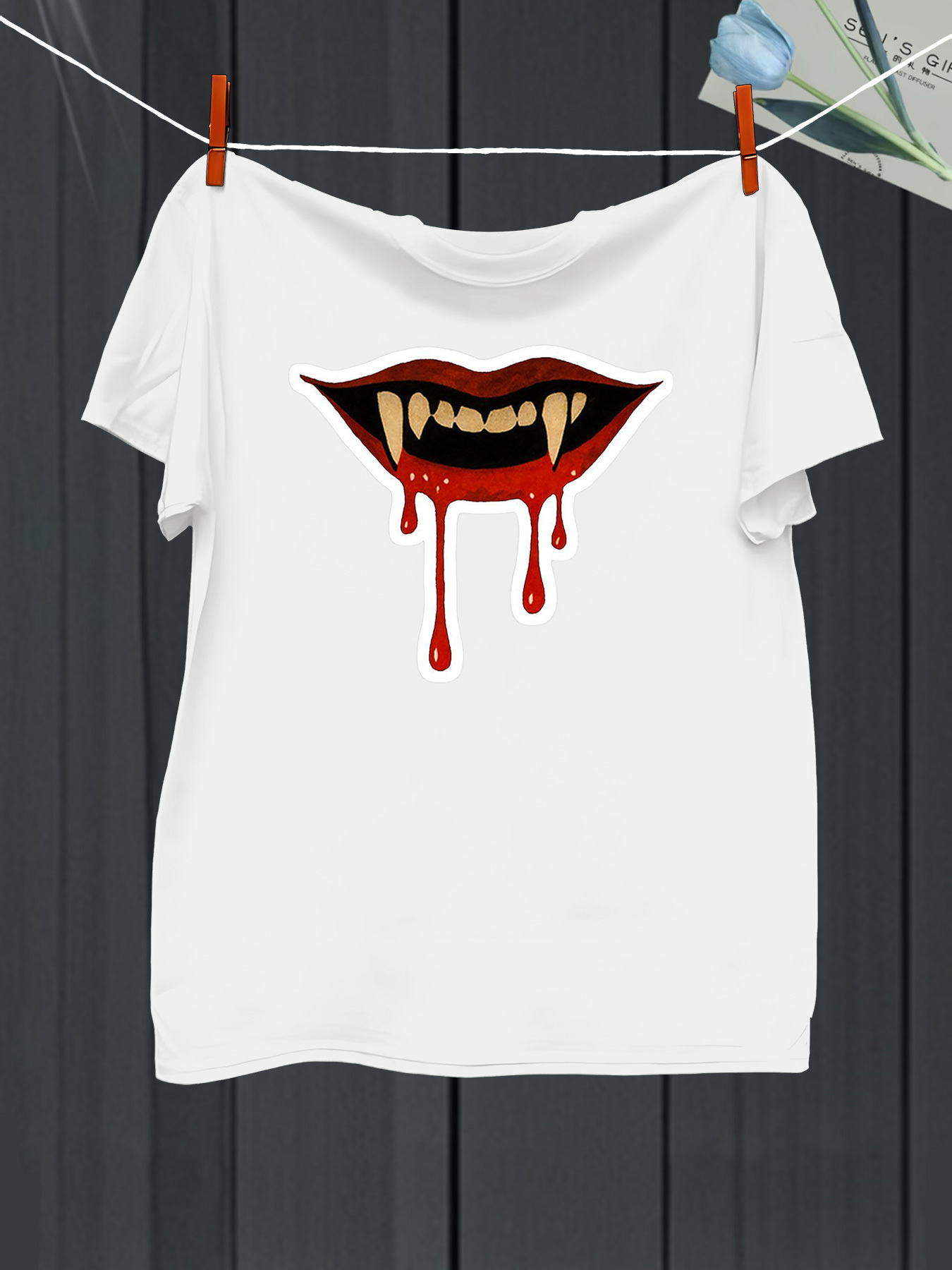Men's Graphic T-Shirt Bloody Vampire Fangs Dripping Blood With Fierce Glistening Lips Design