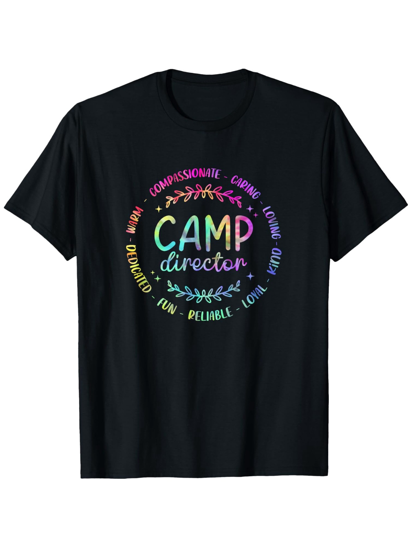 Men's Graphic T-Shirt Camp Director Colorful Fun Words Encircled With Branches On Black Shirt