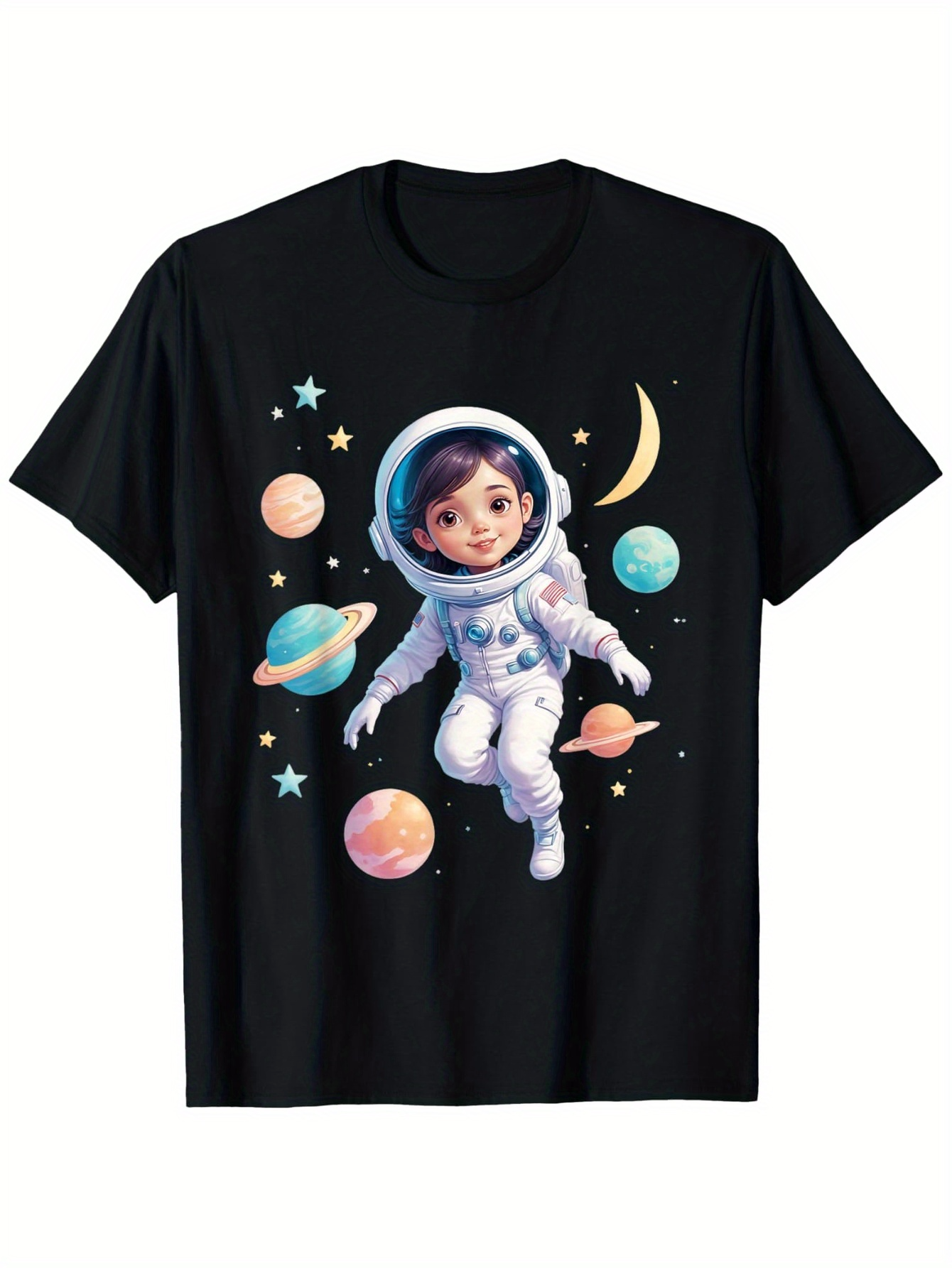 Men's Graphic T-Shirt Colorful Planets Whimsical Child Astronaut Floating Among Stars And Moon